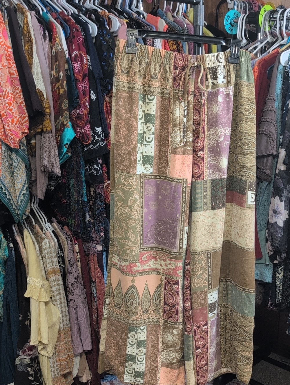 See You Monday Boho Patchwork Wide Leg Pants - Earthy Multi NWT
